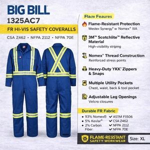 Big Bill FR Hi-Vis Coveralls Arc Flash CAT 1 ATPV 6 Nomex Kevlar Reflective LG